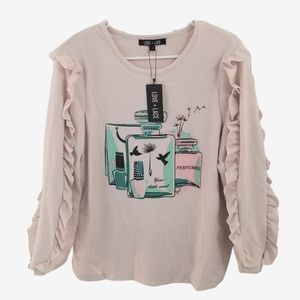 NWT Love + Lace Graphic Sweater with Ruffled Sleeves Women's Size LG